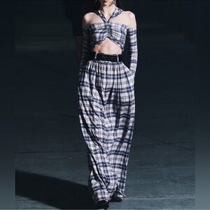 NWT Runway ROKH Plaid Cold-Shoulder Halter Maxi Dress w/ Belt